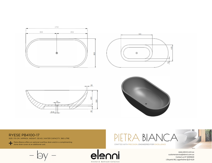 Ryese 1700mm Freestanding Bath - Elenni specification drawing