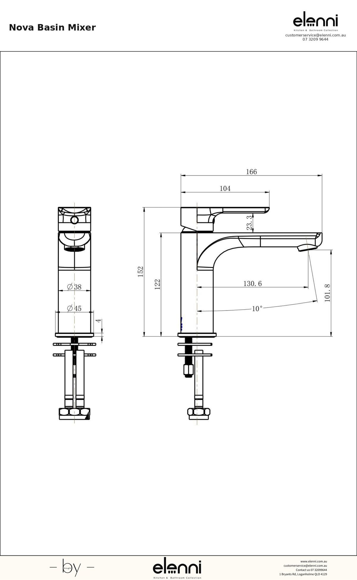 Nova Basin Mixer - Elenni specification drawing