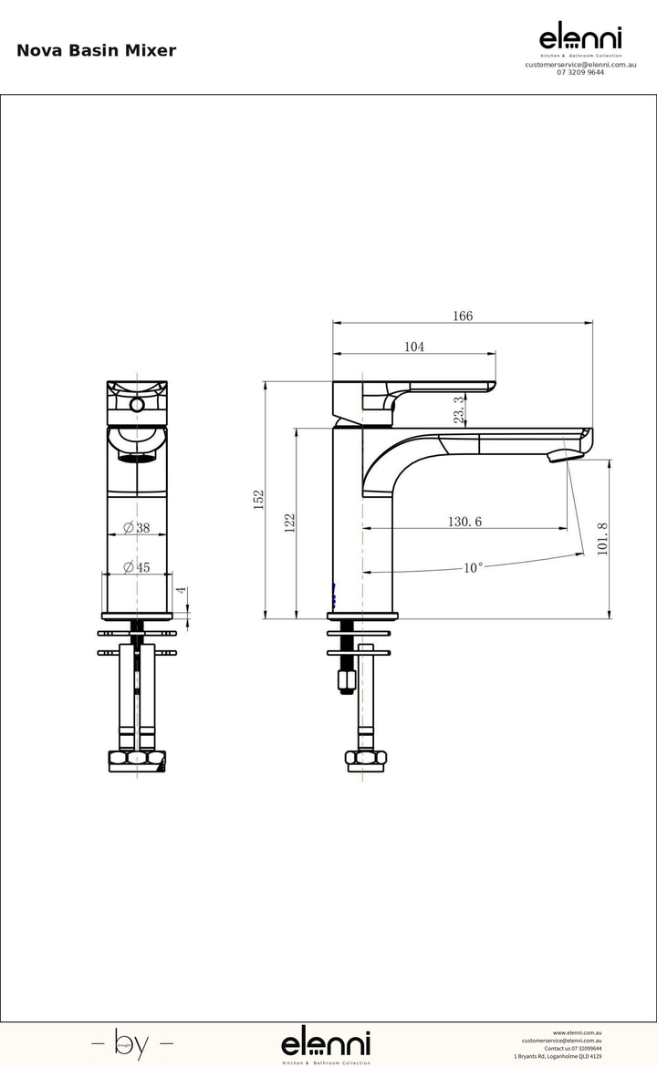 Nova Basin Mixer - Elenni specification drawing