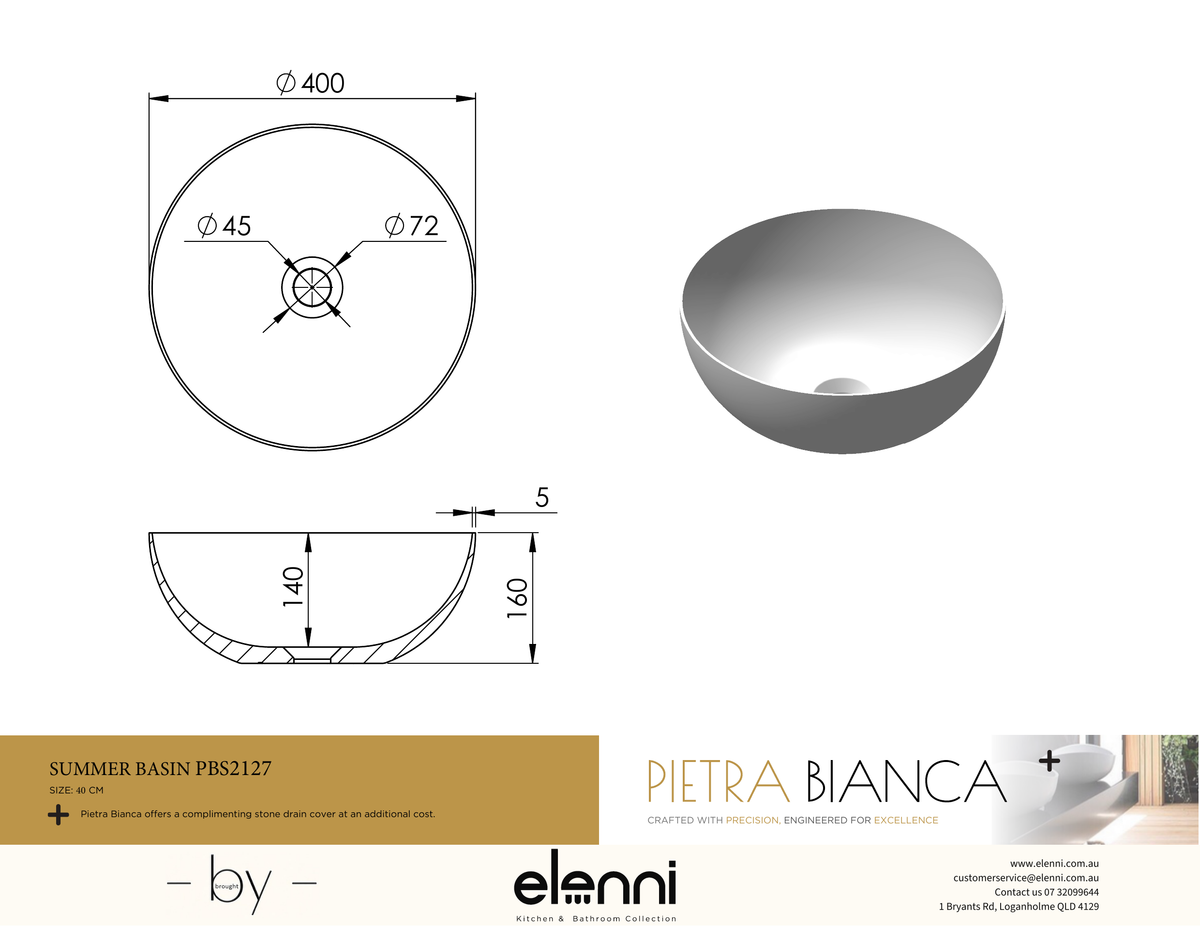 Summer Above Counter Basin - Elenni specification drawing