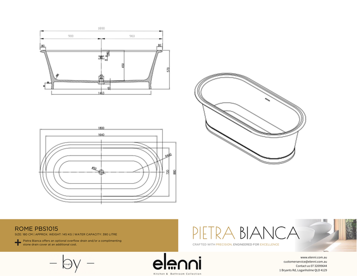 Rome Freestanding Bath - Elenni specification drawing