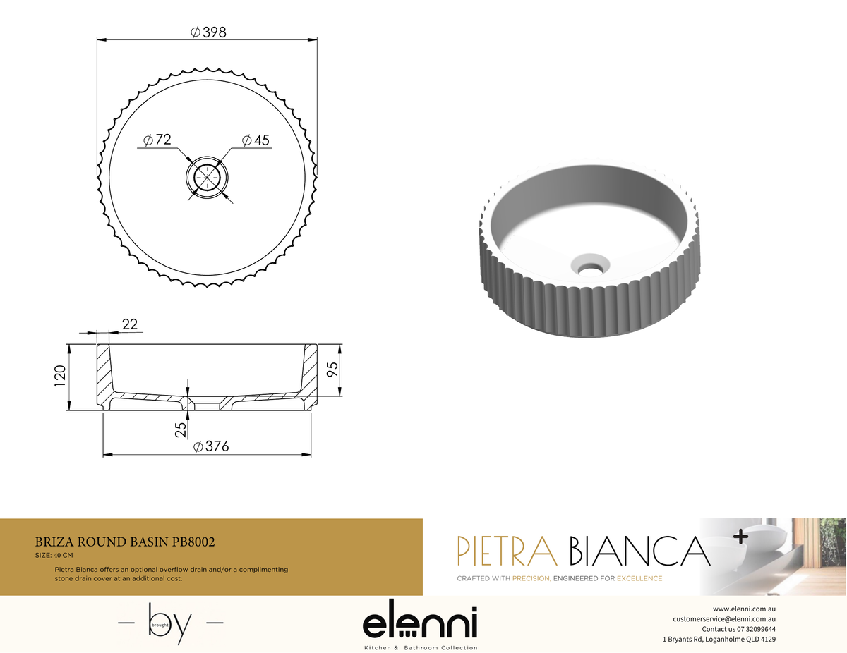 Briza Round Above Counter Basin - Elenni specification drawing