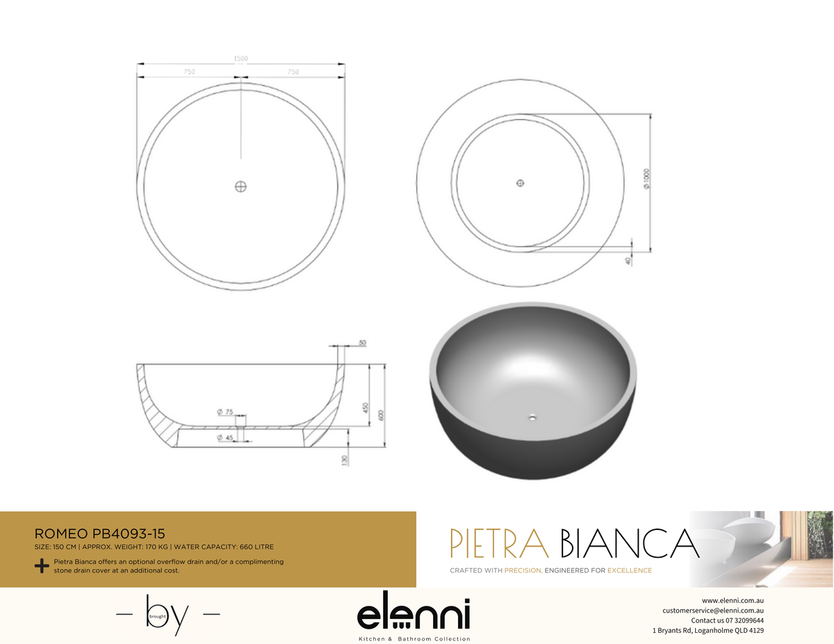 Romeo 1500mm Freestanding Bath - Elenni specification drawing