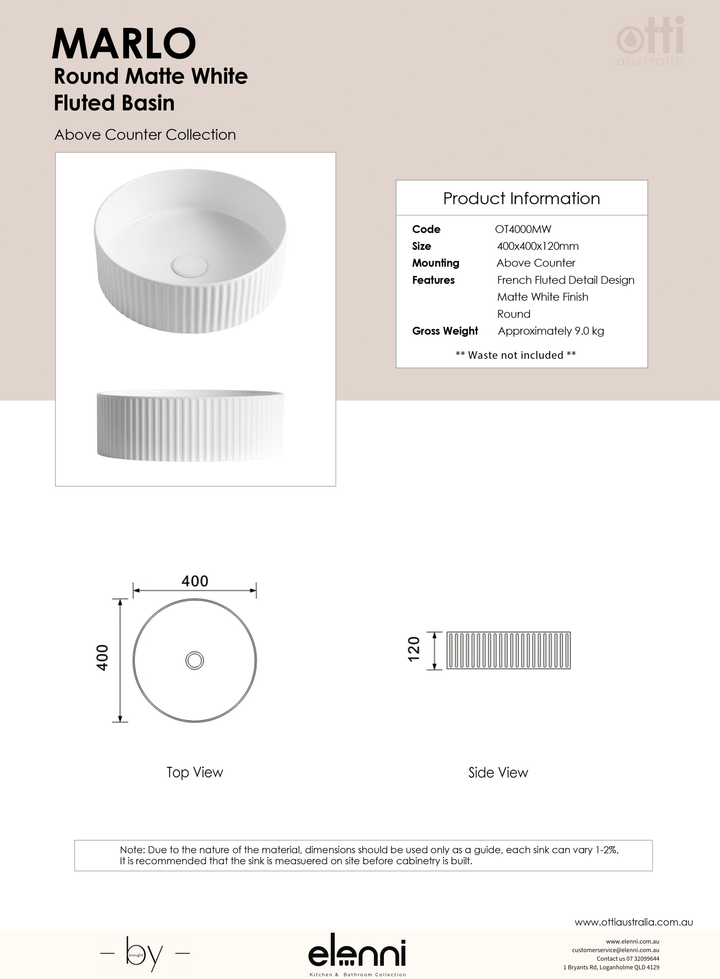Marlo Round 400x400x125 Matte White Fluted Basin - Elenni specification drawing