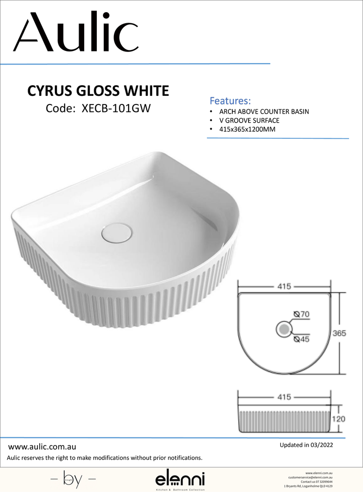 Cyrus Gloss White Basin - Elenni specification drawing