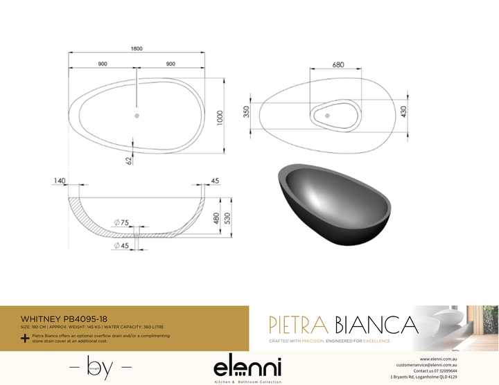 Whitney 1800mm Freestanding Bath - Elenni specification drawing