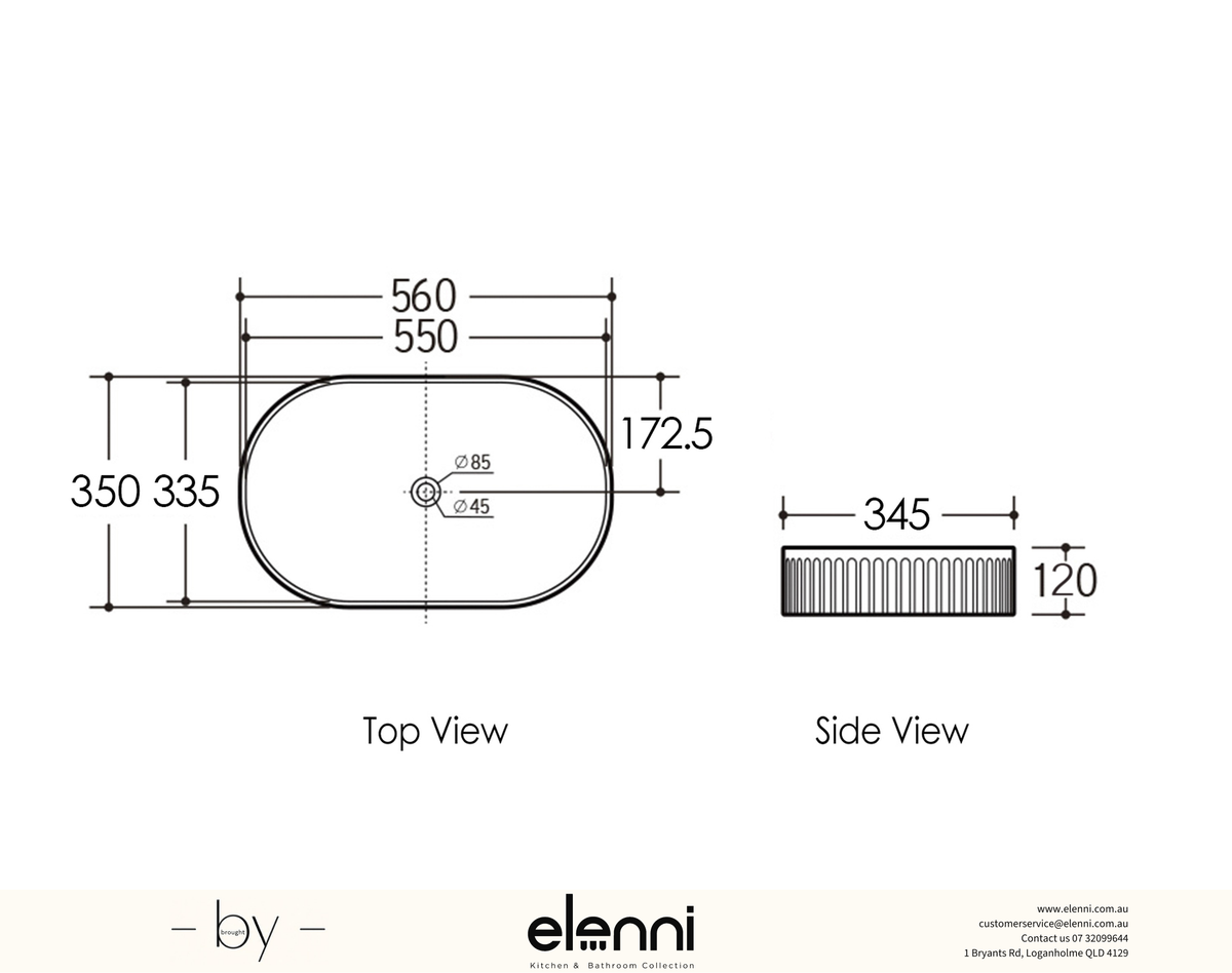 Elenni specification drawing — Kensington Oval 560x350x120 Gloss White Basin
