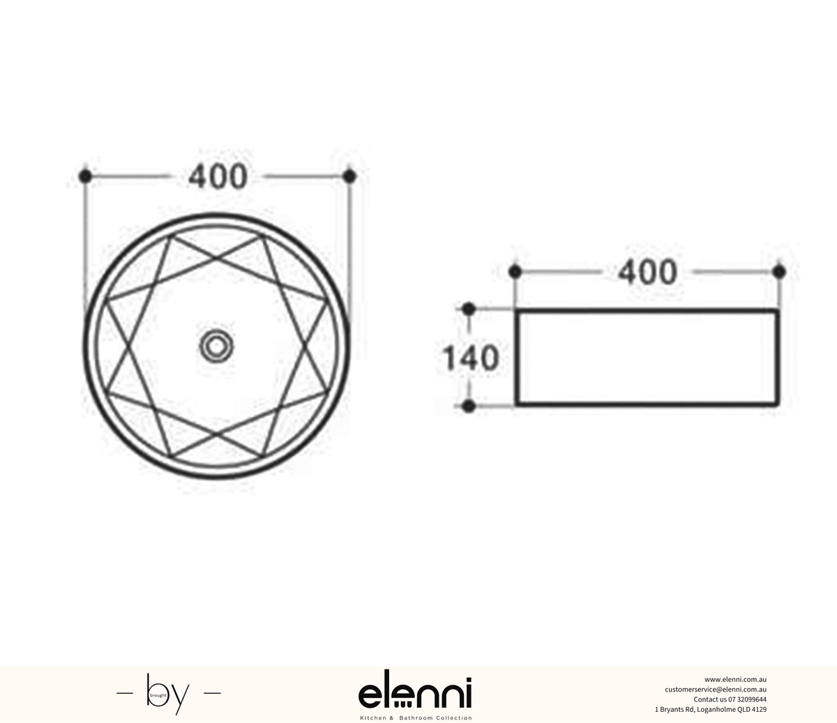 Starz Round 400x400x140 Black Basin - Elenni specification drawing