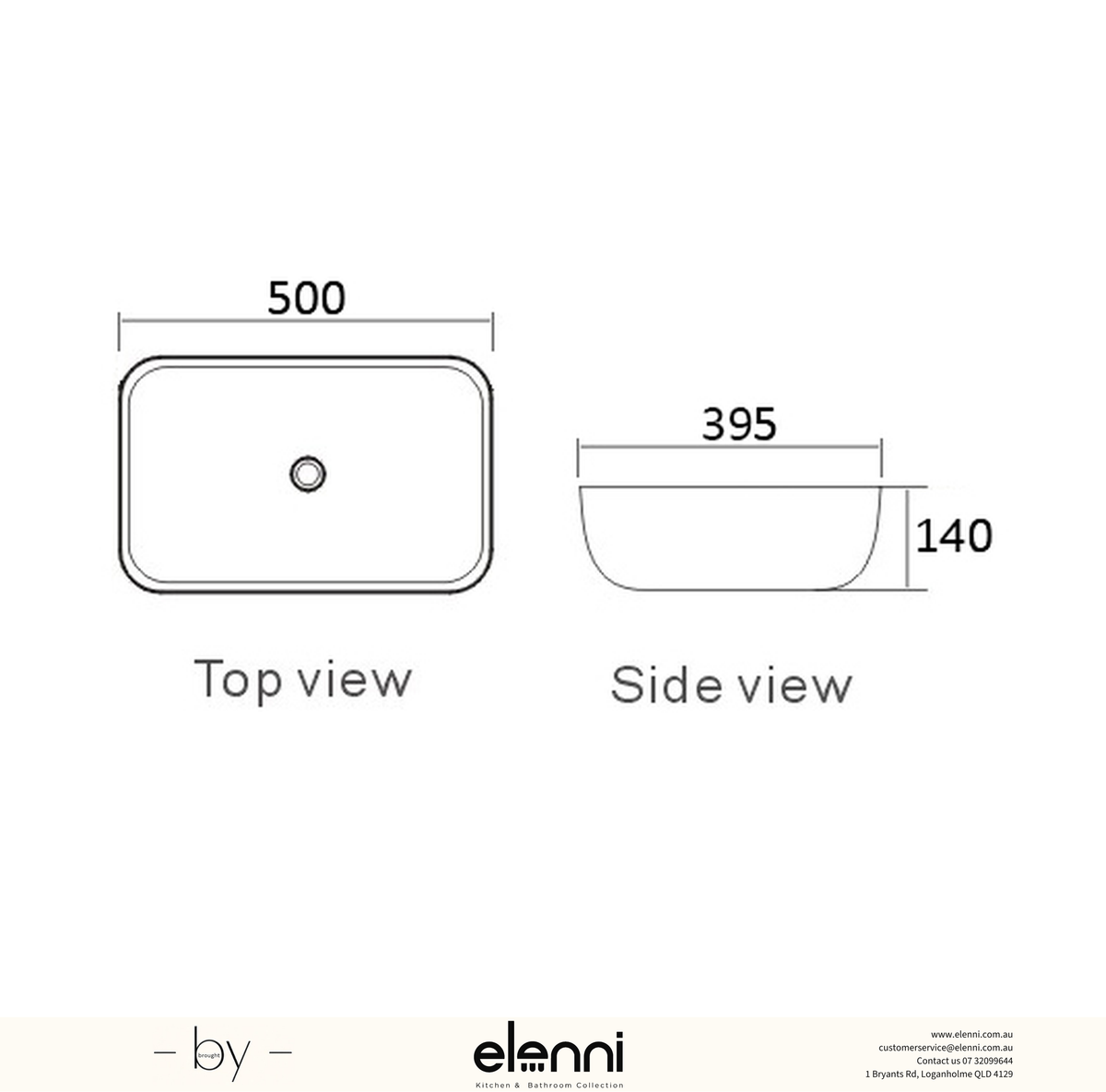 Elenni specification drawing — Artis Square 500x395x140 Gloss White Basin
