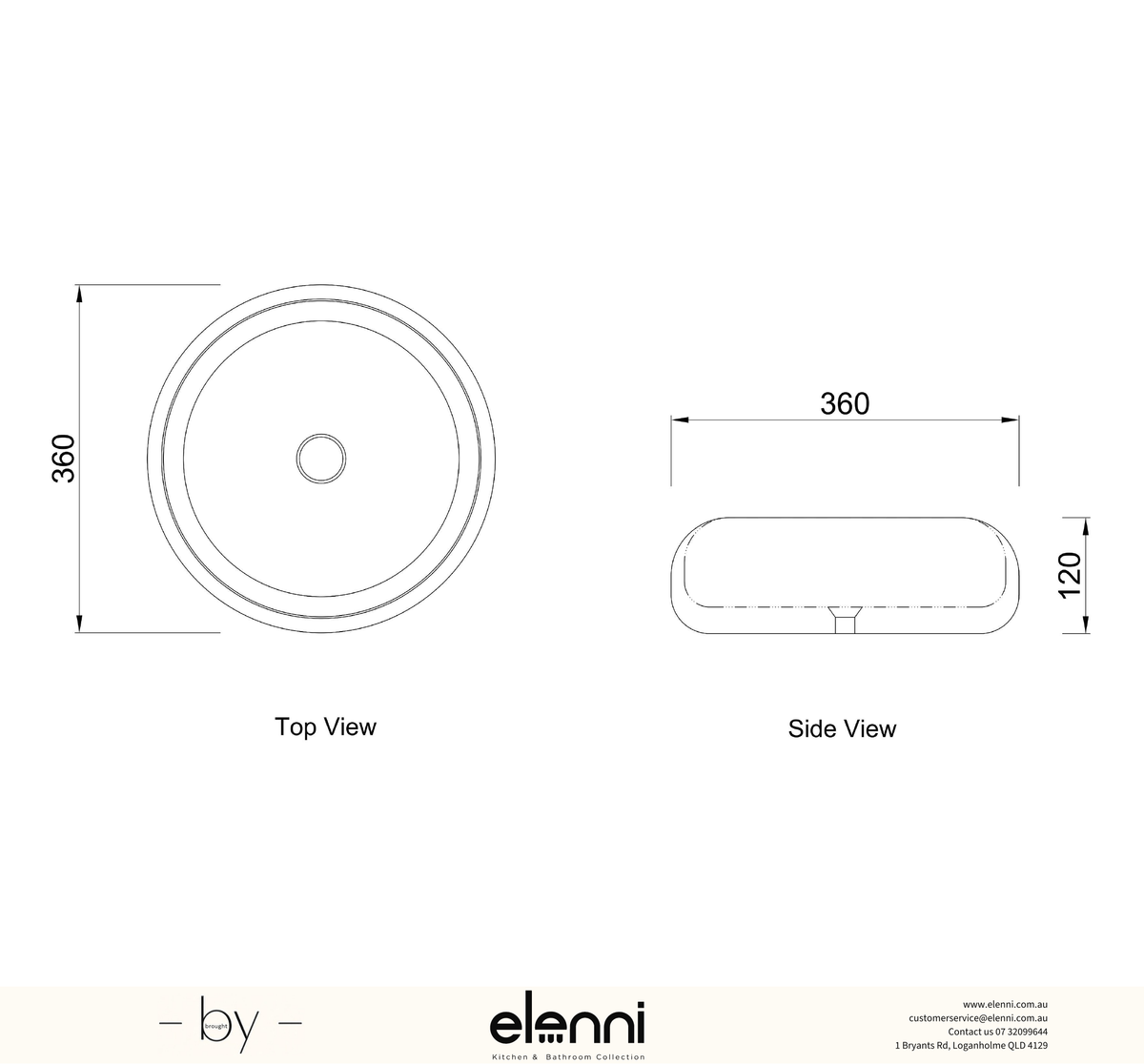 Laguna 360x360x120 Gloss White Basin - Elenni specification drawing