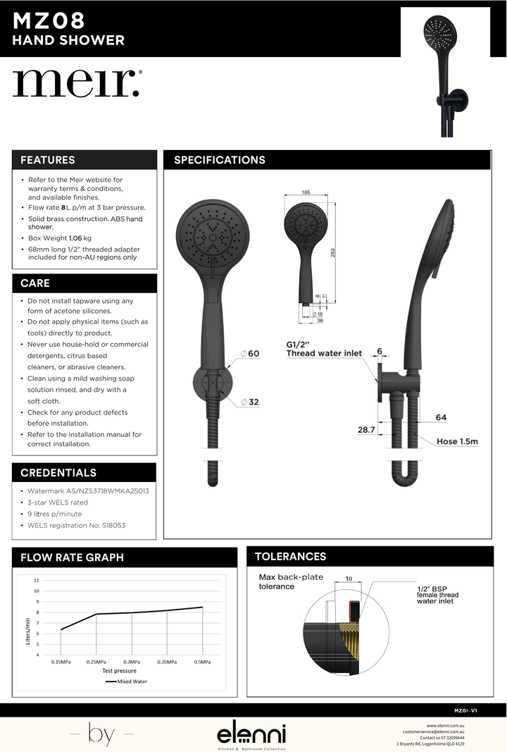Round Three Function Hand Shower on Fixed Bracket - Elenni specification drawing