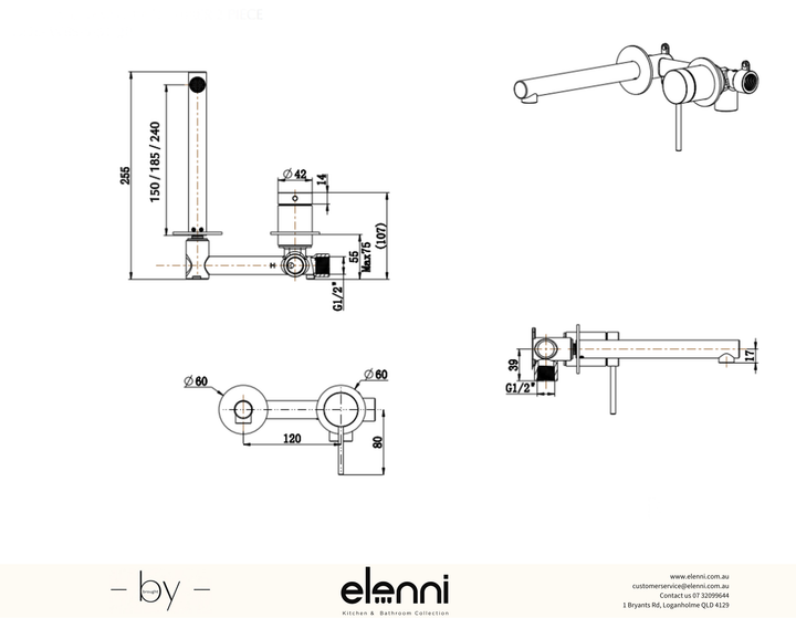 Elenni specification drawing — Mica Wall Basin/Bath Mixer - Straight Spout - 2P - TRIM KIT ONLY