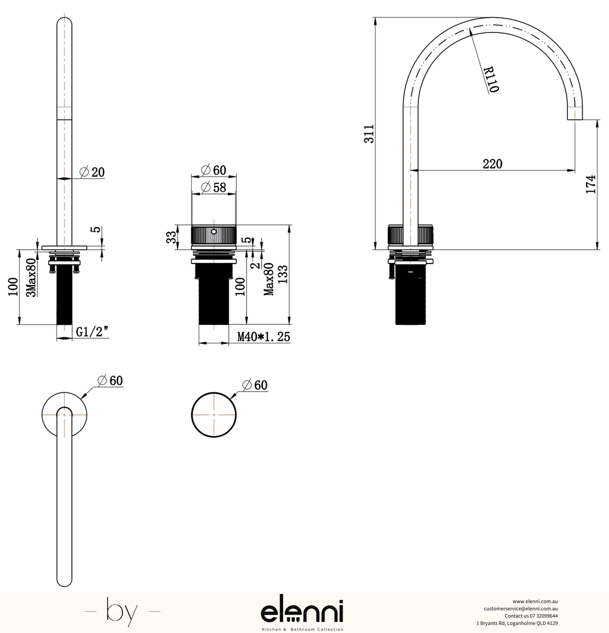 Elenni specification drawing — Mica Fluted Gooseneck Hob Sink/Basin Mixer Set