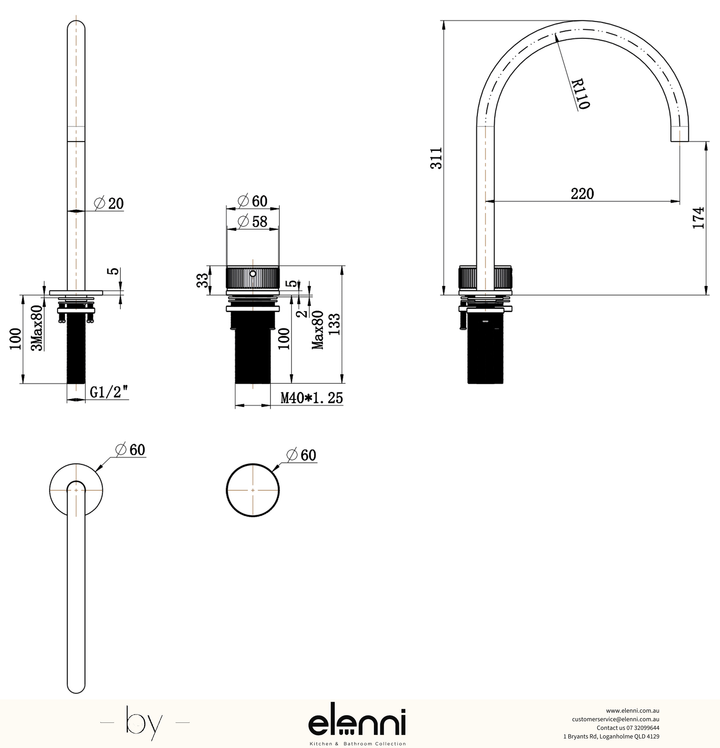 Elenni specification drawing — Mica Fluted Gooseneck Hob Sink/Basin Mixer Set