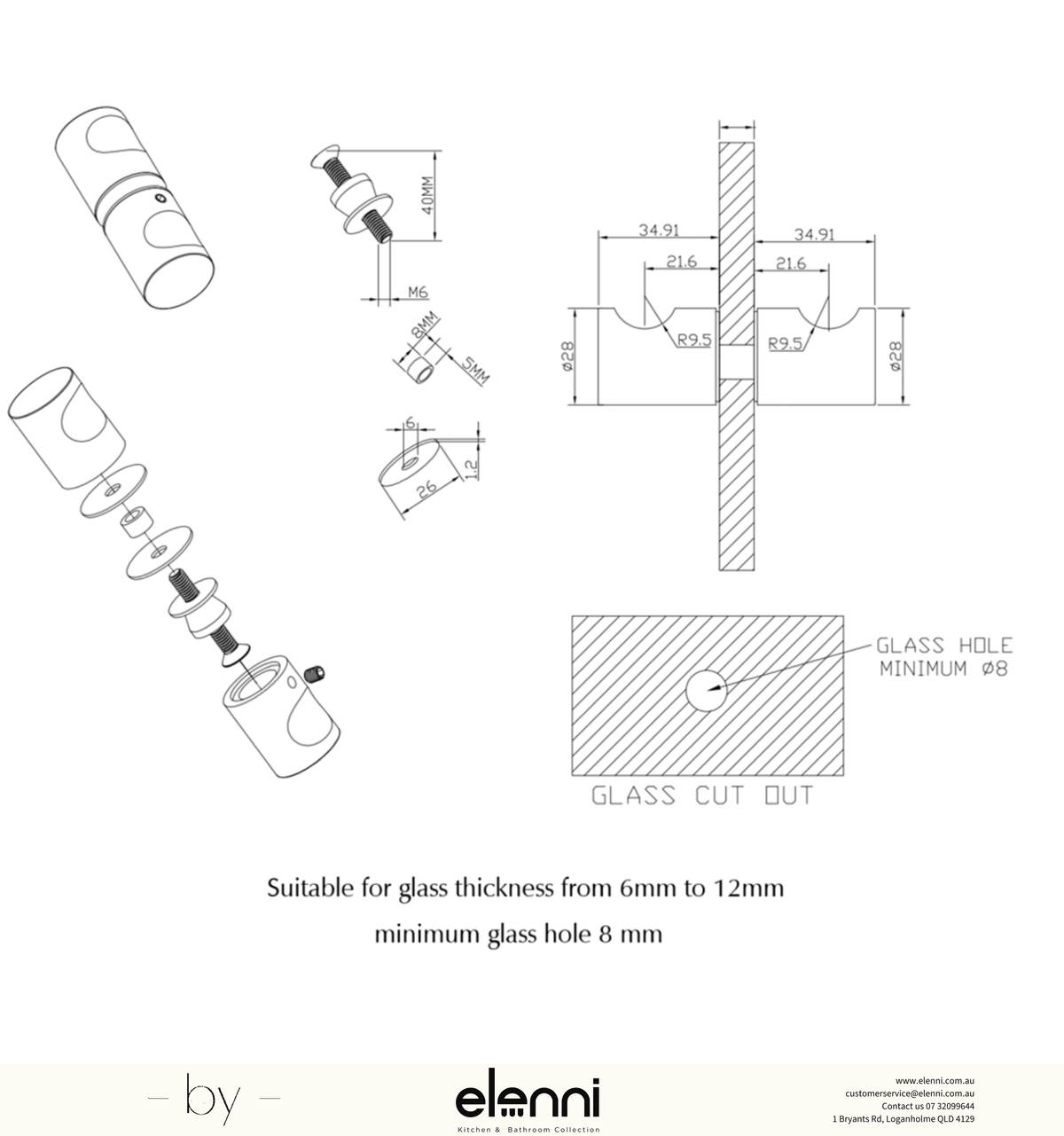 Shower Screen Handle Round - Elenni specification drawing
