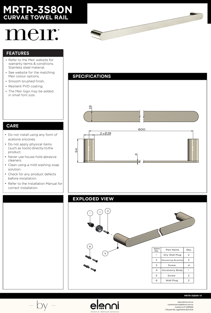 Curvae Single Towel Rail 800mm - Elenni specification drawing