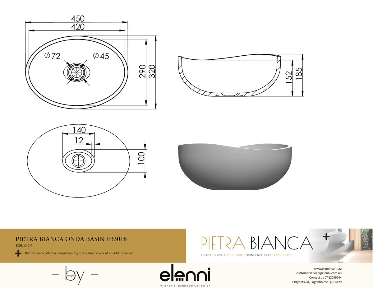 Onda 450mm Above Counter Basin - Elenni specification drawing