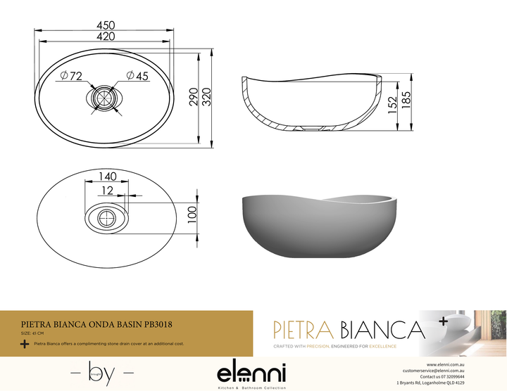 Onda 450mm Above Counter Basin - Elenni specification drawing
