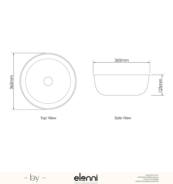 Bronte Round 360x360x130 Gloss White Basin - Elenni specification drawing