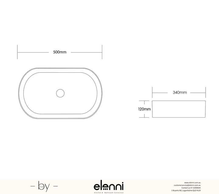 Quay Oval 500x340x120 Carbon Grey Basin - Elenni specification drawing