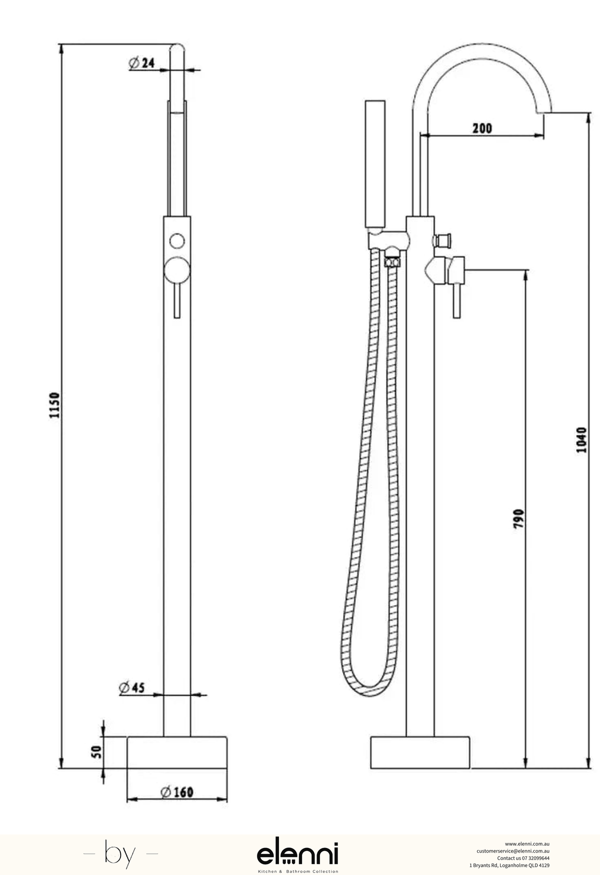 Mica Freestanding Bath Mixer with Hand Shower - Elenni specification drawing