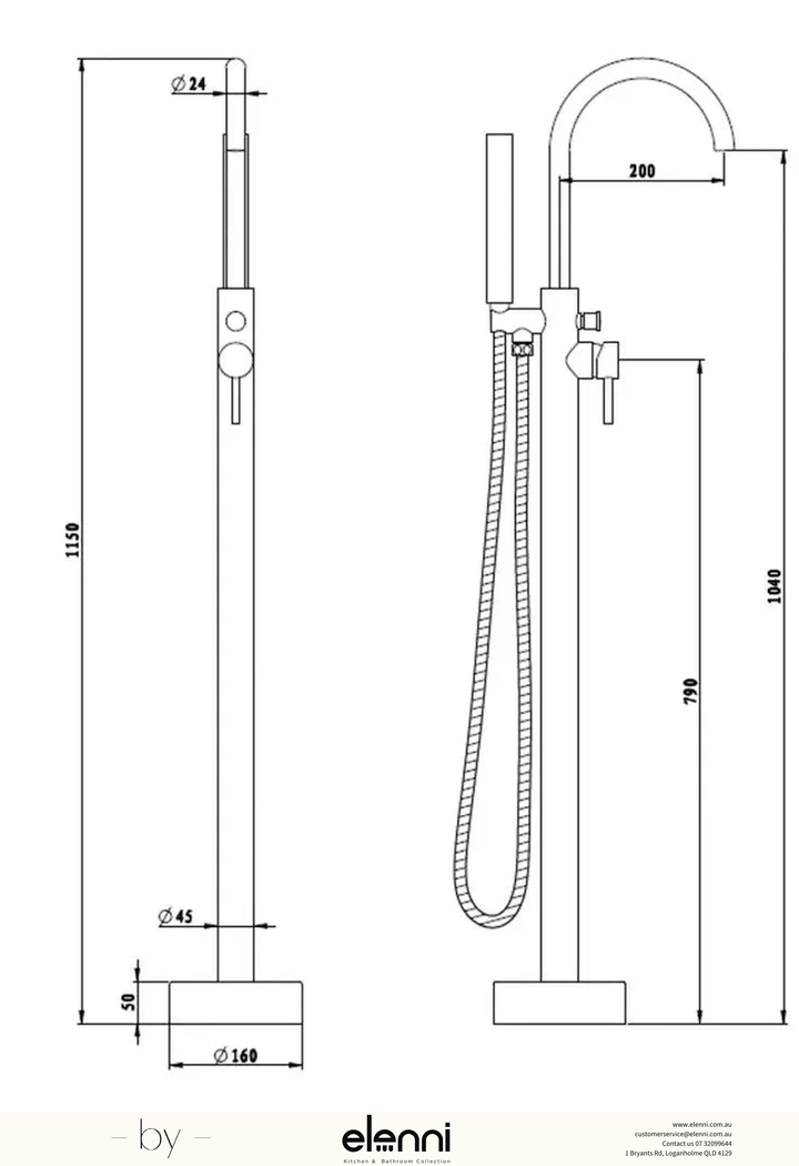 Mica Freestanding Bath Mixer with Hand Shower - Elenni specification drawing
