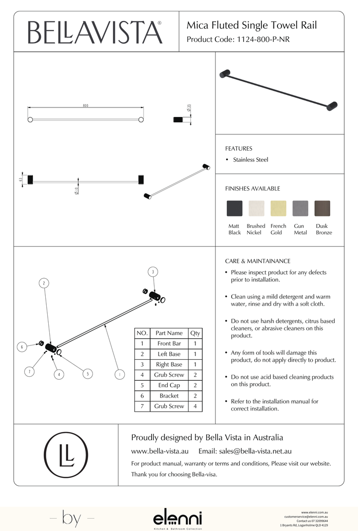 Mica Fluted Single Towel Rail 800mm - Elenni specification drawing