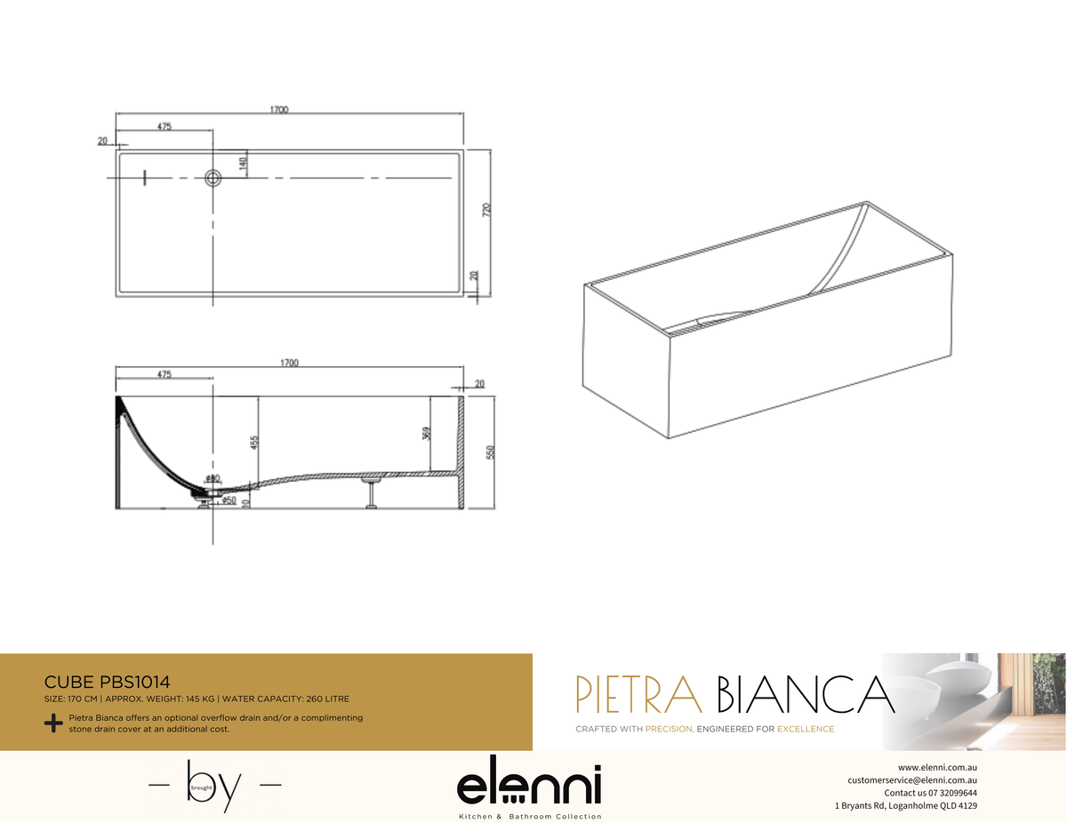 Cube Freestanding Bath - Elenni specification drawing