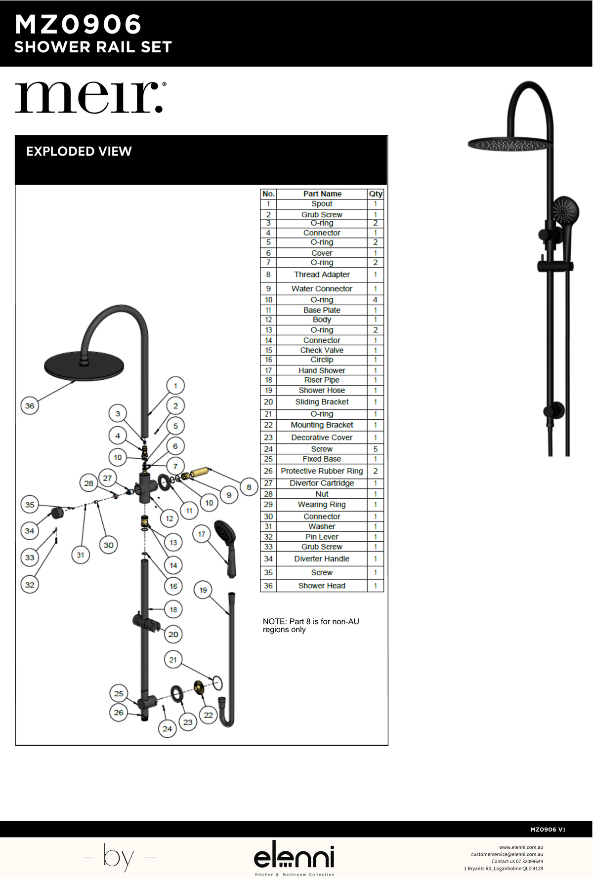 Round Gooseneck Shower Set with 300mm rose, Three-Function Hand Shower - Elenni specification drawing