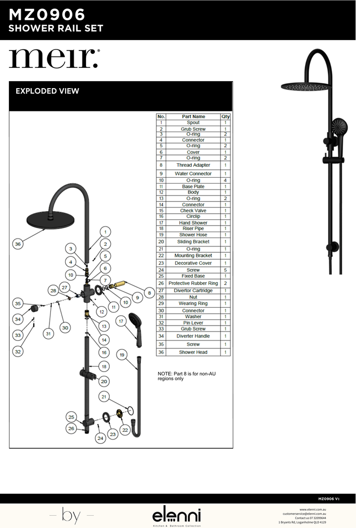 Round Gooseneck Shower Set with 300mm rose, Three-Function Hand Shower - Elenni specification drawing