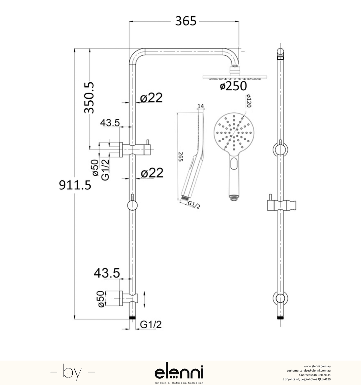 Elenni specification drawing — Mica Dual Shower Rail