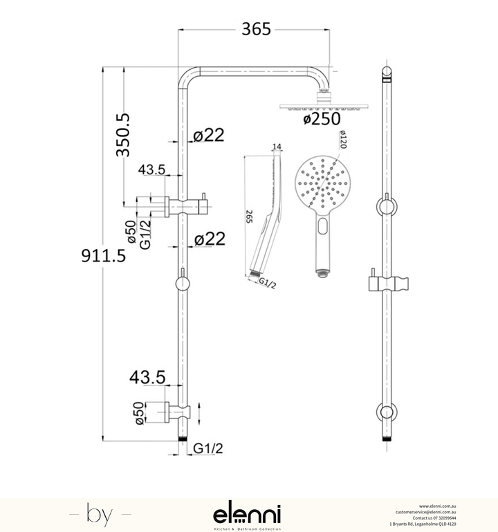 Elenni specification drawing — Mica Dual Shower Rail