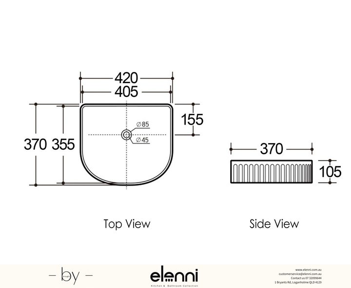 Archie 415x365x100 Matte White Fluted Basin - Elenni specification drawing