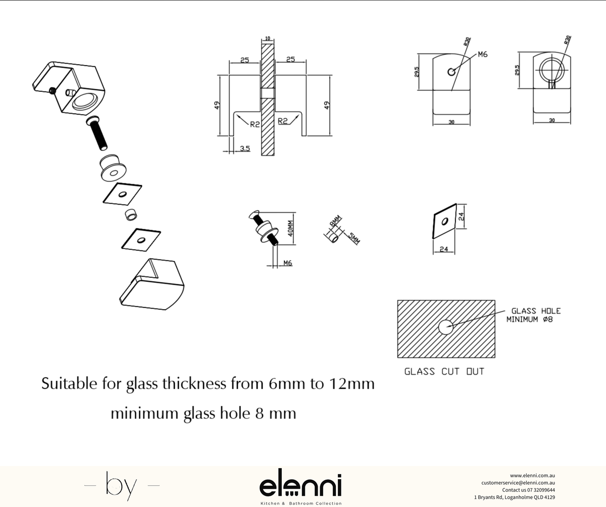 Shower Screen Handle - Square Lever - Elenni specification drawing