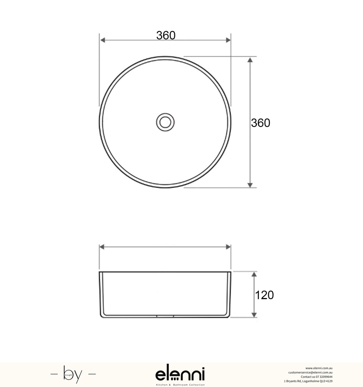Radius Round 360x360x115 Gunmetal Basin - Elenni specification drawing