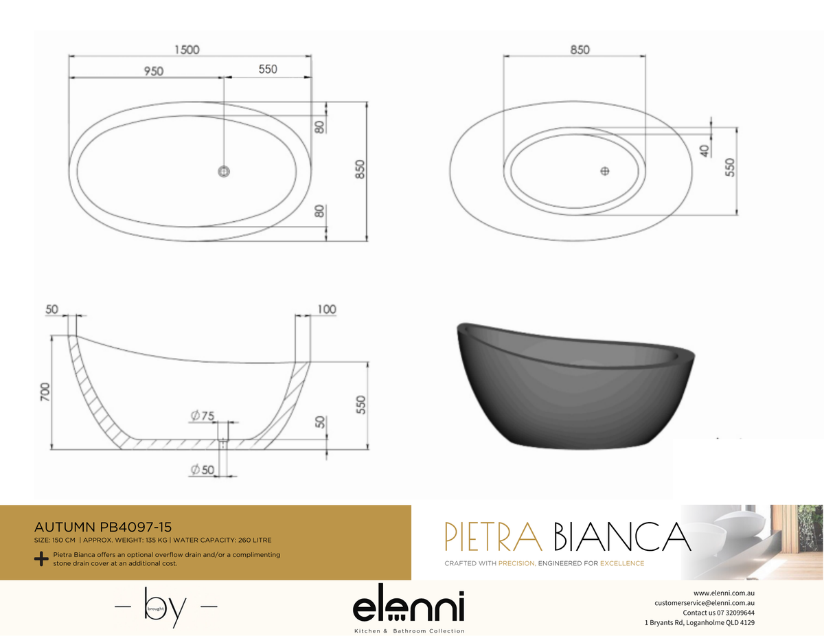 Autumn 1500mm Freestanding Bath - Elenni specification drawing