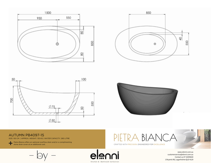 Autumn 1500mm Freestanding Bath - Elenni specification drawing