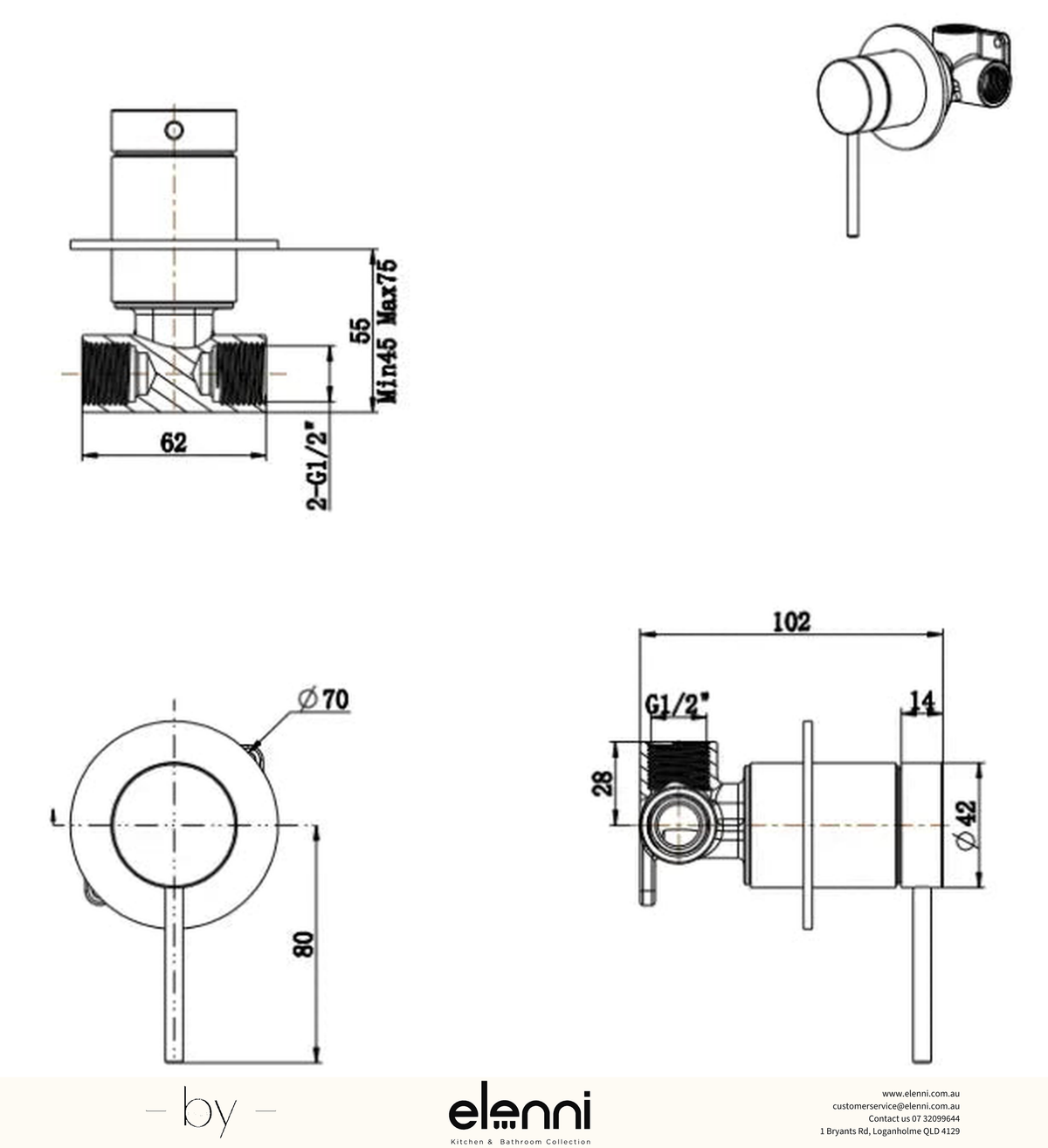 Mica Shower Mixer - TRIM KIT ONLY - Elenni specification drawing