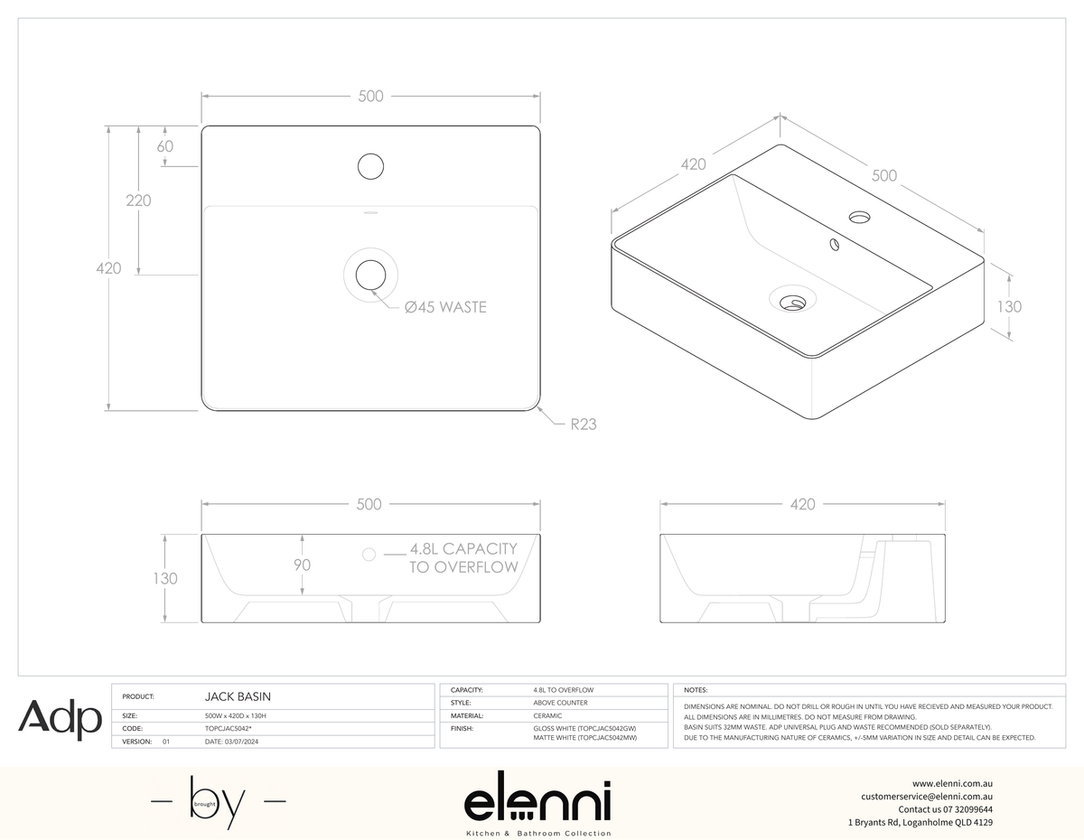 Jack - Elenni specification drawing