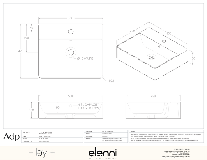 Jack - Elenni specification drawing