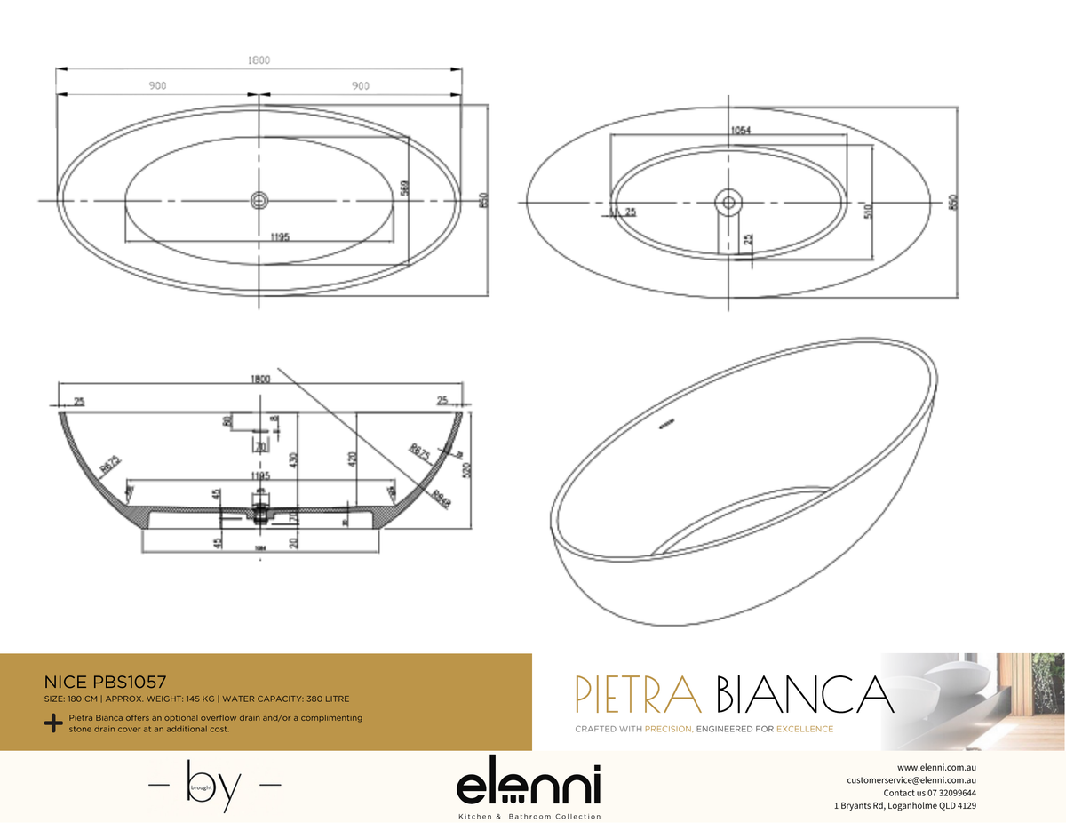 Nice Freestanding Bath - Elenni specification drawing