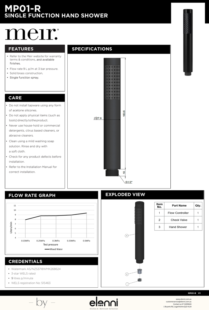 Round Hand Shower Single Function - Elenni specification drawing