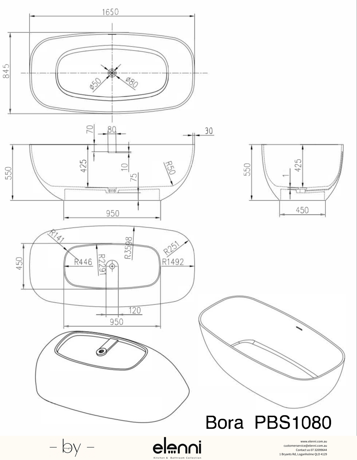 Bora 1650mm Freestanding Bath - Elenni specification drawing