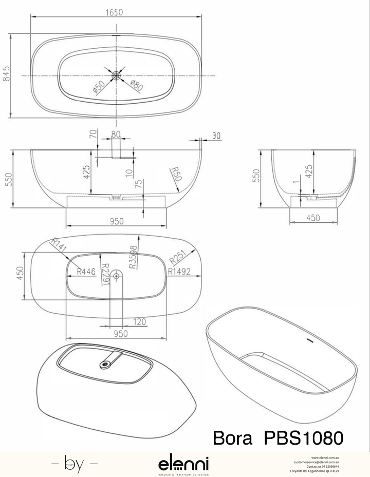 Bora 1650mm Freestanding Bath - Elenni specification drawing