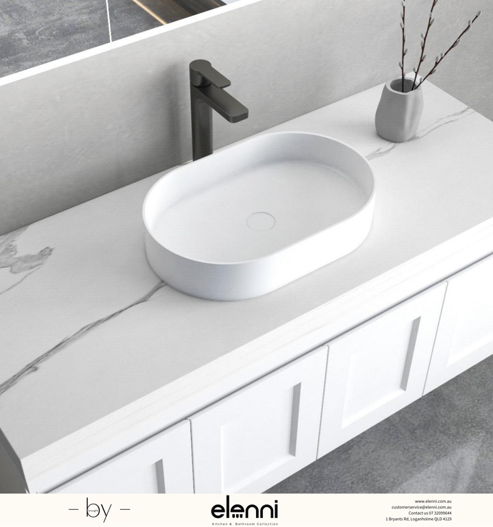 Noosa Solid Surface 585x385x110 Matte White Basin NF - Elenni specification drawing