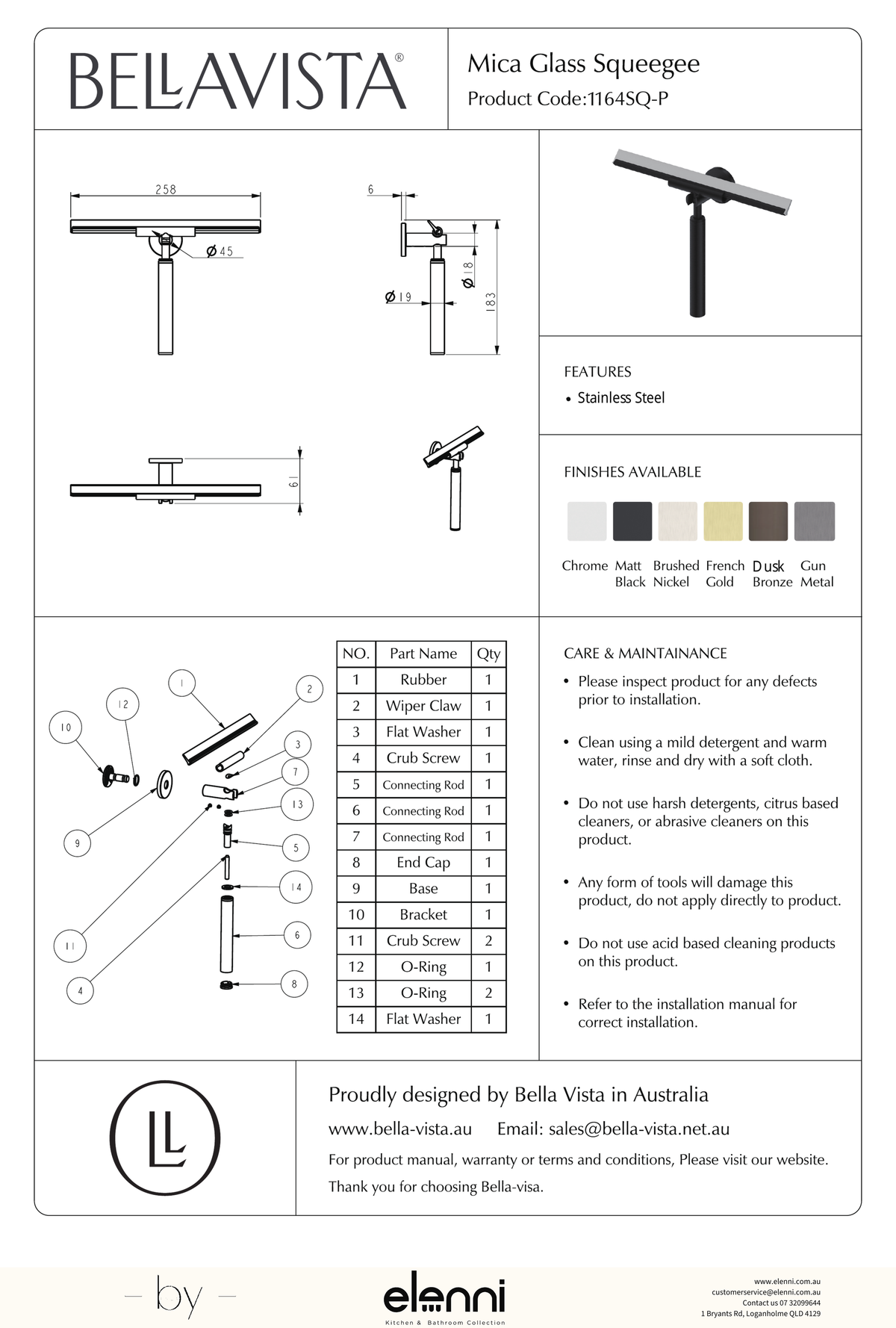 Mica Glass Squeegee - Elenni specification drawing