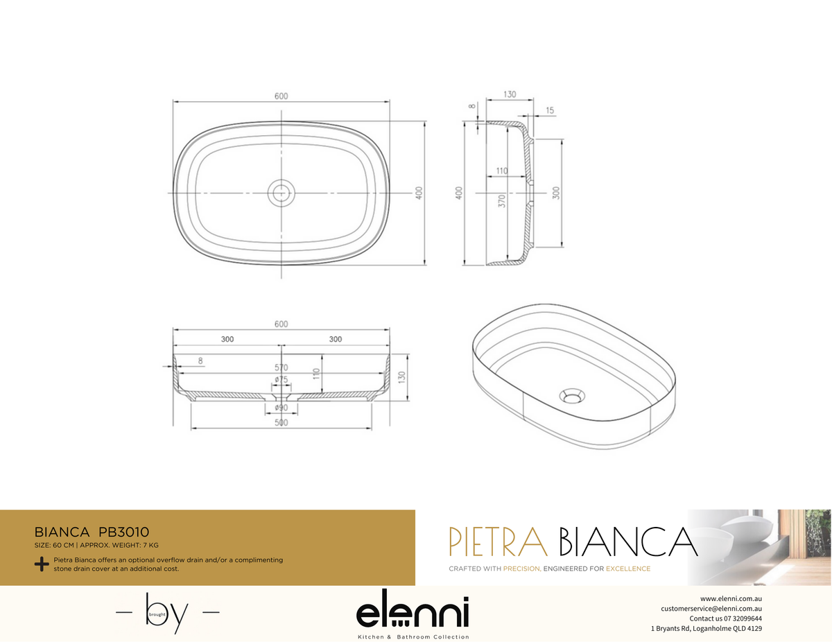 Bianca Above Counter Basin - Elenni specification drawing