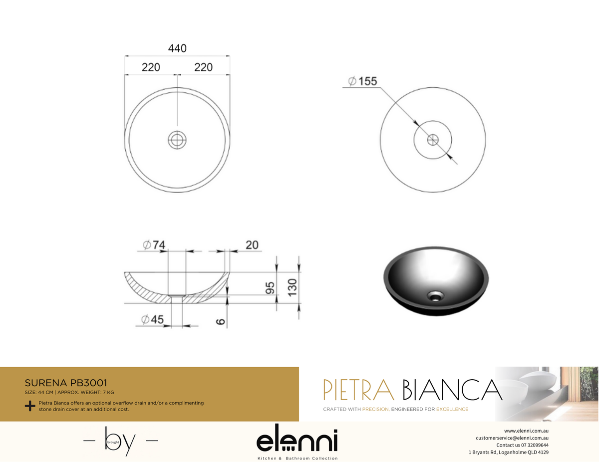 Surena Above Counter Basin - Elenni specification drawing