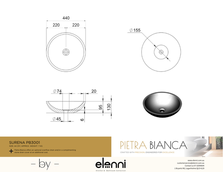 Surena Above Counter Basin - Elenni specification drawing