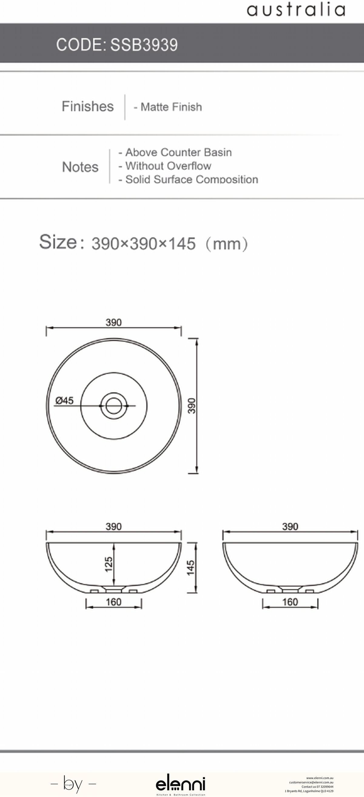 Elenni specification drawing — London Solid Surface 390x390x145 Matte White Basin NF